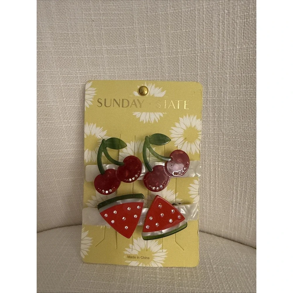 Sunday State Summer HAIR CLIPS 2pk CHERRIES and WATERMELON Barrette Whimsical‎